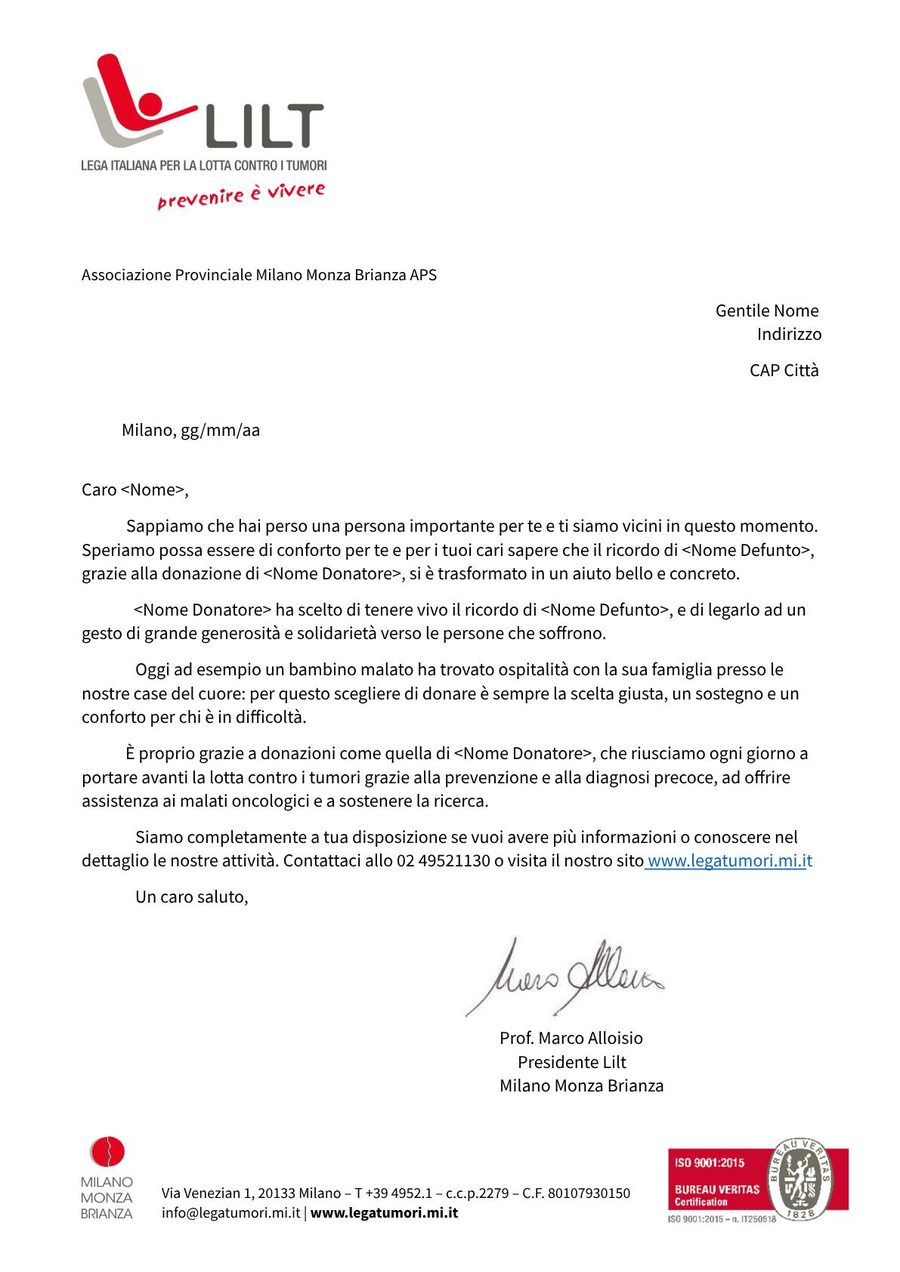 Fac simile della lettera di donazione in memoria inviata da LILT